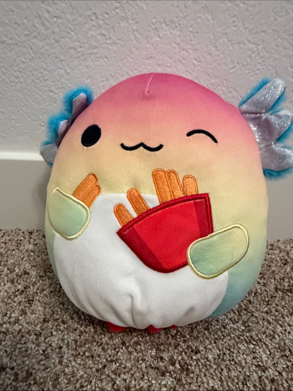 8” Rainbow axolotl with French fries flip-a-mallow squish mallow
